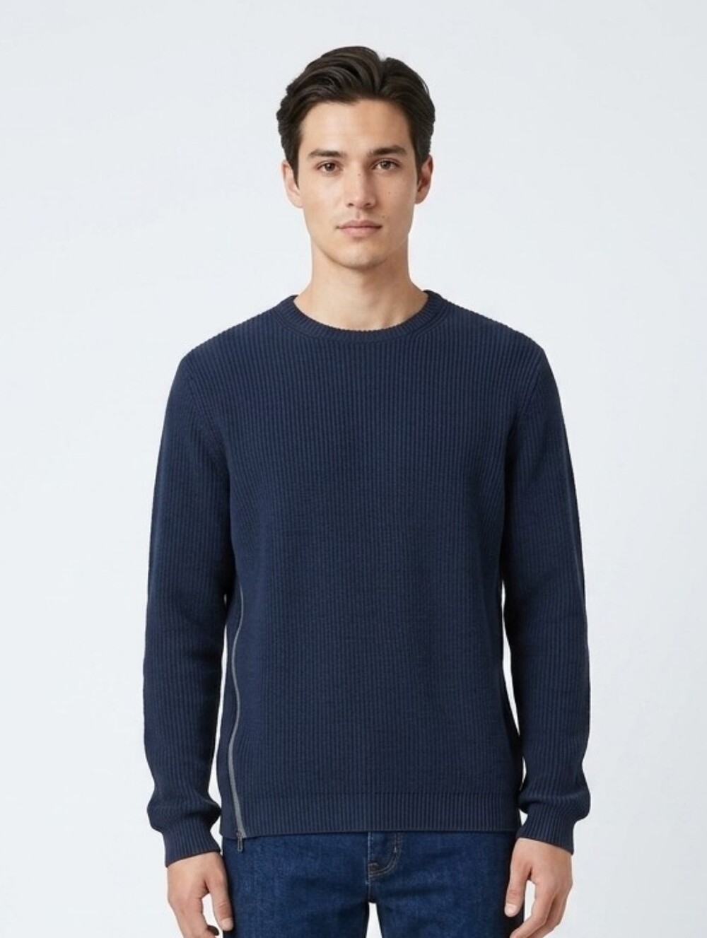 Linksoul Mens Waffle Knit Side Zip Crewneck Sweater Navy Blue Size Large L Golf